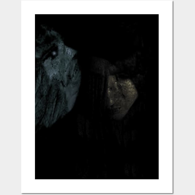 Portrait, collage, special processing. Man, dark costume, long hair, looking down. On left demon of gold. Very desaturated. Wall Art by 234TeeUser234